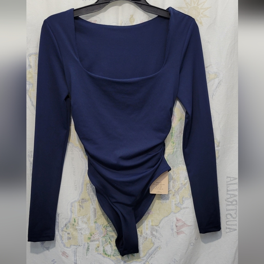 NWT Shein Bae Elegant Navy Long Sleeve Rouched Sides Bodysuit Size XS 2